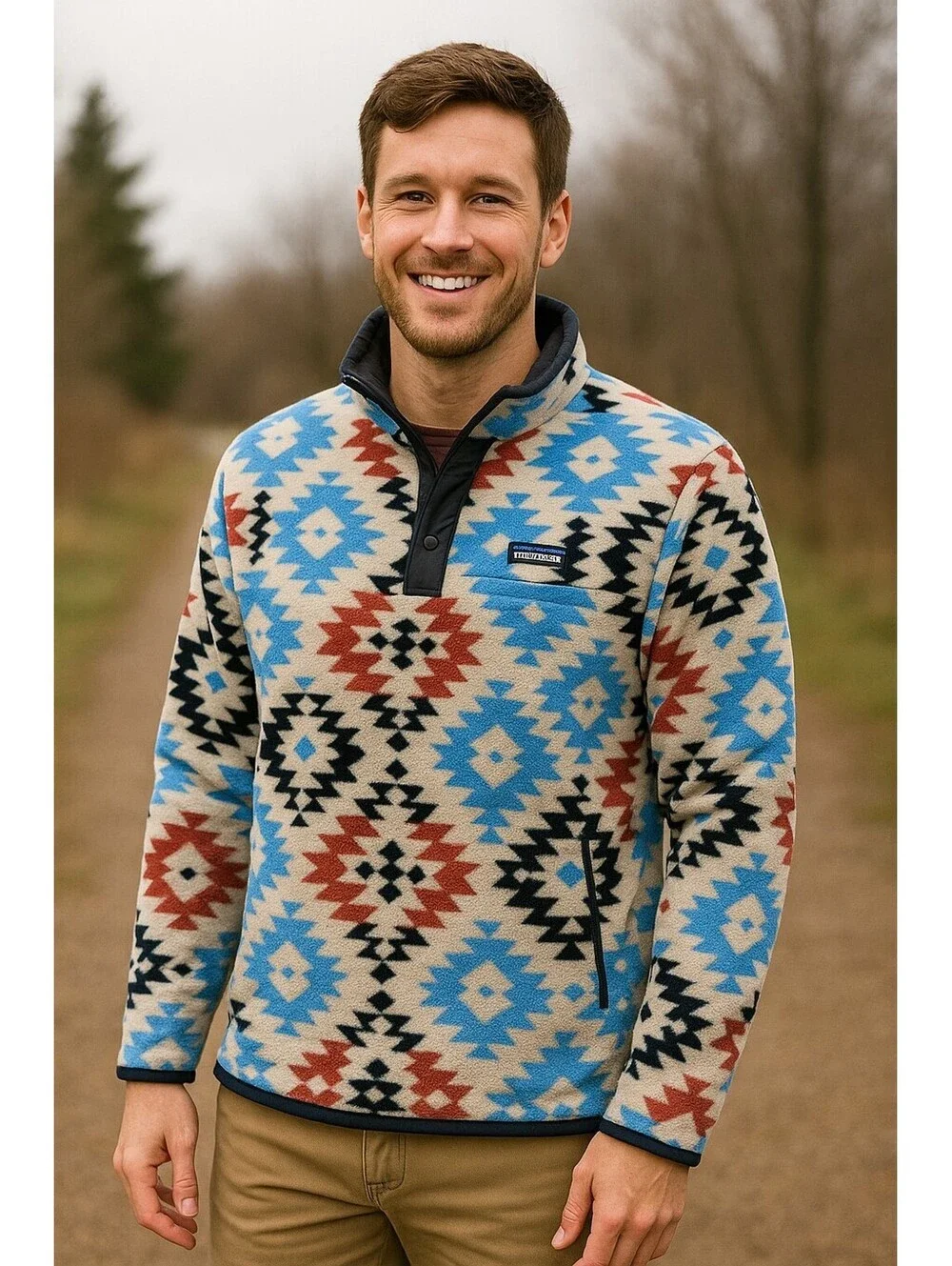 Lands End Heritage Men's Large 42/44 Fleece Jacket 1/4 Snap Neck Aztec Pullover